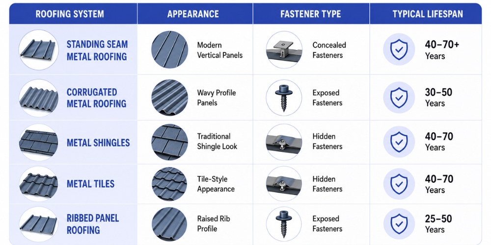 Types of Metal Roofing Systems Comparison Chart Showing Standing Seam, Corrugated Metal, Metal Shingles, Metal Tiles, and Ribbed Panels