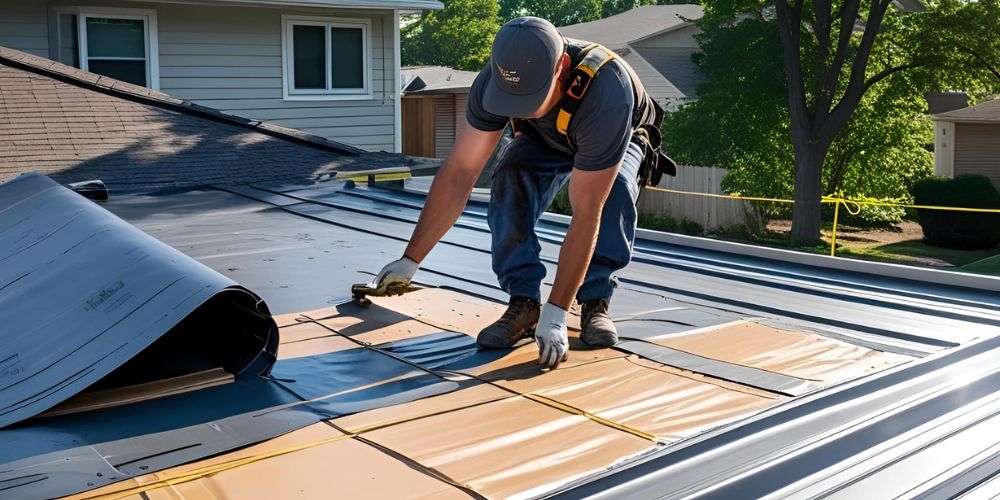 Professional roofer installing moisture barrier