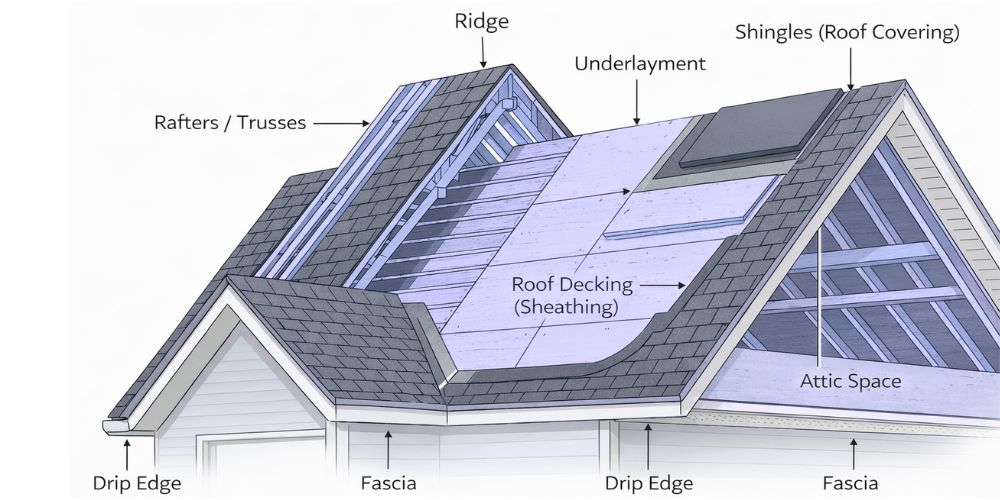 Labeled diagram showing the main parts of a residential roof system