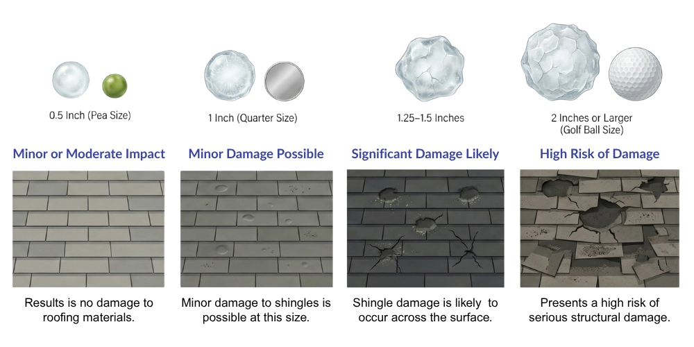 Hail size comparison showing what size hail can damage a roof