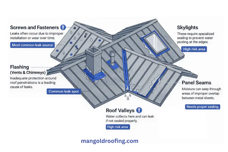Common leak points in a metal roof