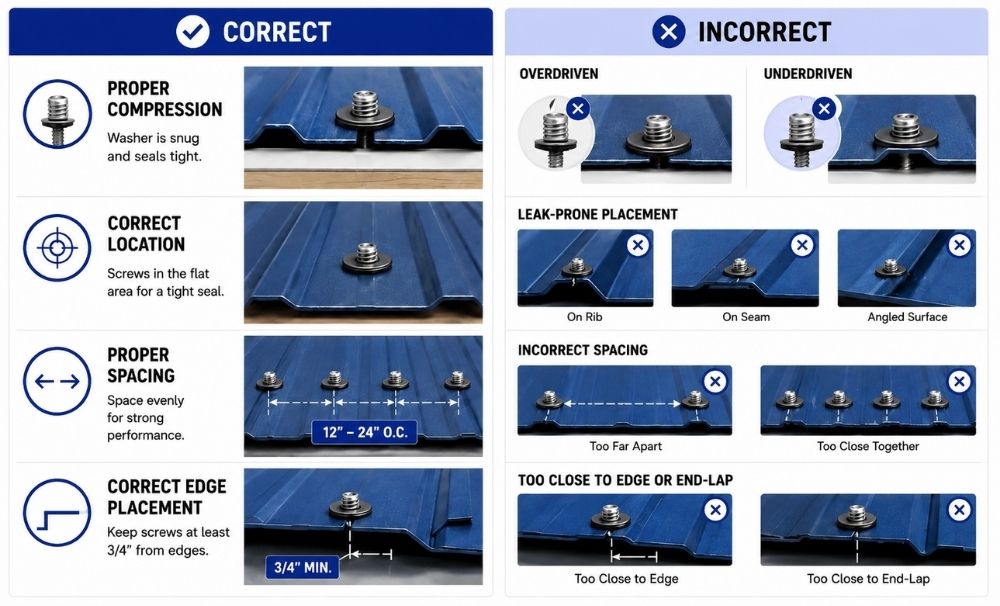 Metal roof screw placement guide showing correct and incorrect screw positioning spacing washer compression and leak-prone fastener mistakes on metal roofing panels