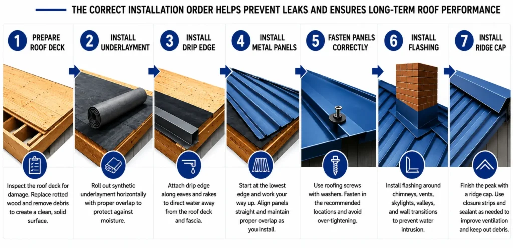 Metal roof installation order infographic showing roof deck preparation, underlayment, drip edge, metal panels, flashing, and ridge cap steps