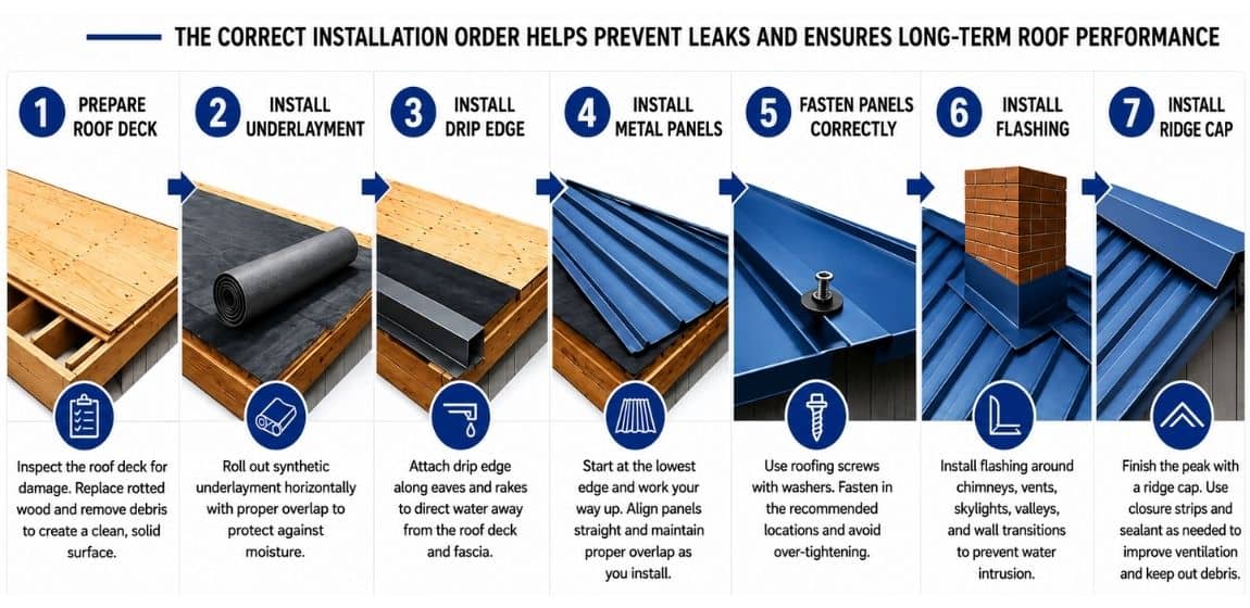 Metal roof installation order infographic showing roof deck preparation, underlayment, drip edge, metal panels, flashing, and ridge cap steps