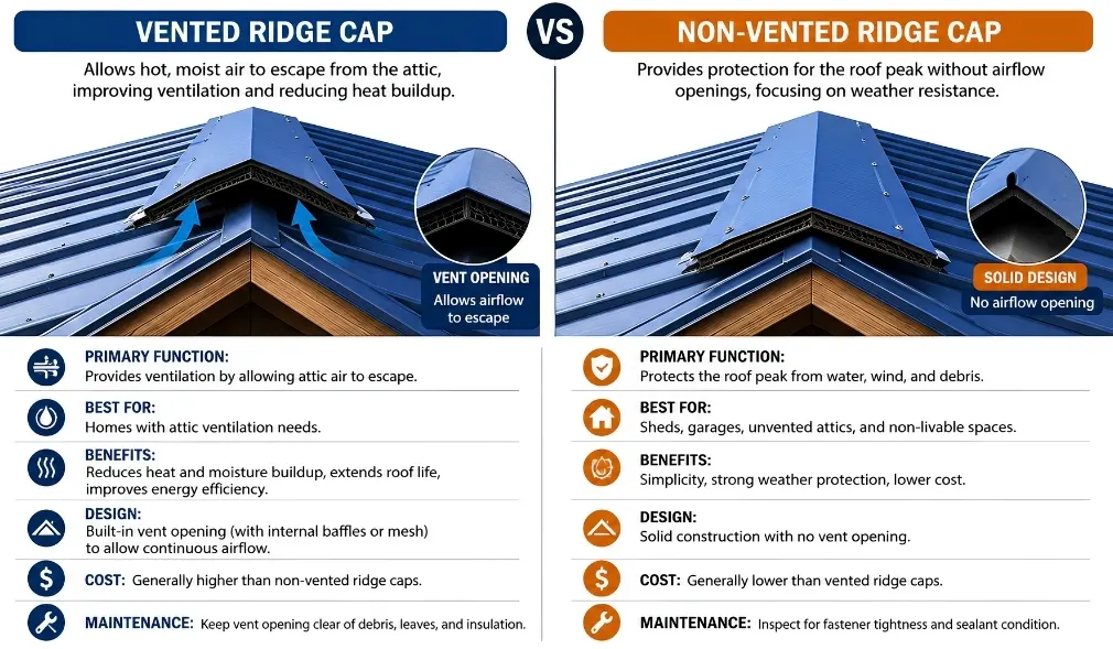 Comparison of vented and non-vented metal roof ridge caps showing ventilation, design, benefits, maintenance, and best uses