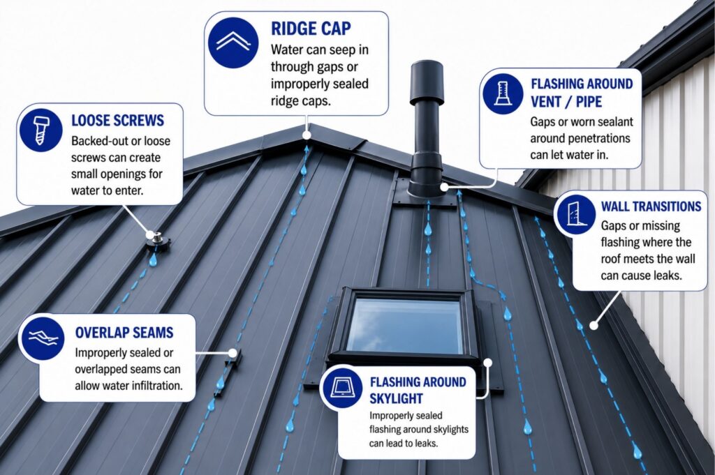 common metal roof leak points