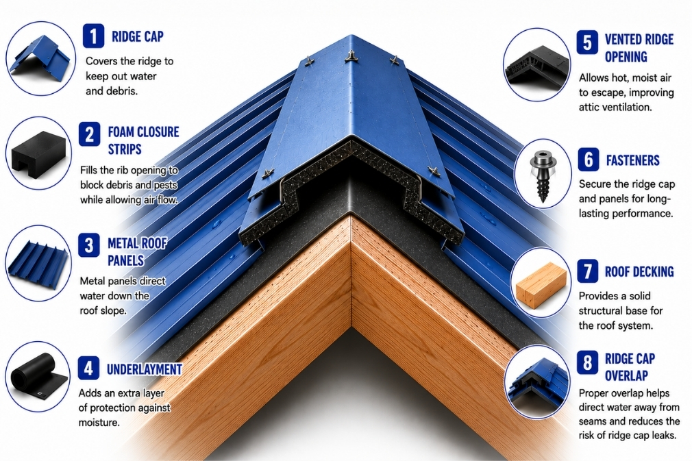 Metal roof ridge cap diagram showing ridge cap, foam closure strips, vented ridge opening, roof panels, underlayment, roof decking, fasteners, and ridge cap overlap detail.