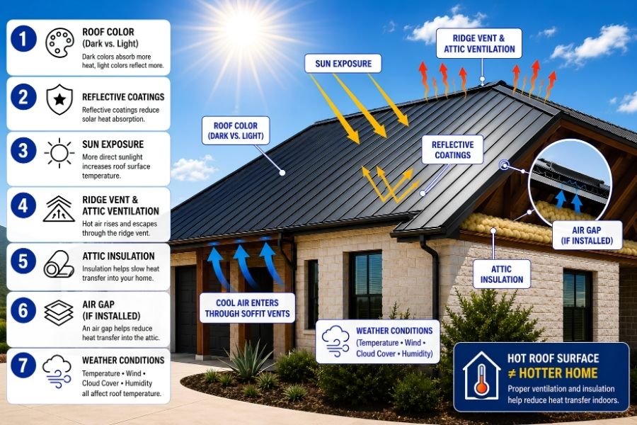 Factors affecting the temperature of a metal roof in Texas
