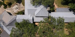Aerial view of metal roofs on homes, illustrating fire-resistant metal roofing