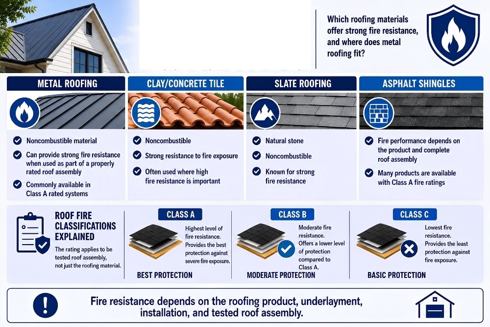 Metal roofs vs other fire-resistant roofing materials, including asphalt shingles, clay tile, concrete tile, and slate
