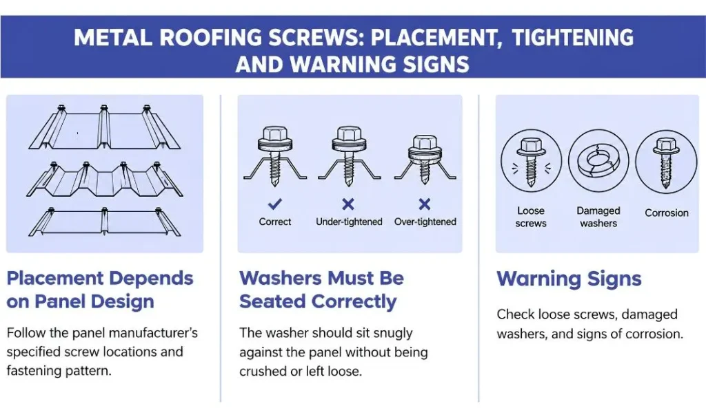 Metal roofing screw tightening, washer compression, and signs of loose screws, damaged washers, and corrosion